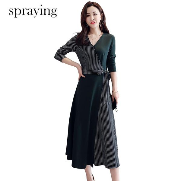 

casual dresses temperament 2021 spring elegant women dress wild stitching v-neck long-sleeved korean bow belt long, Black;gray