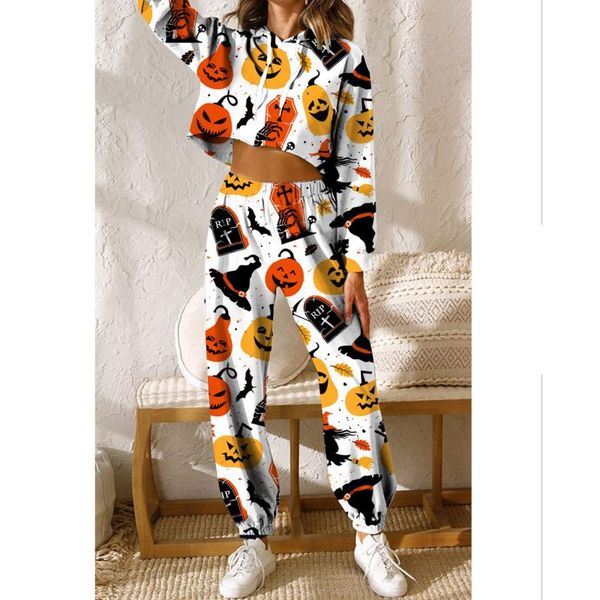 

halooween black hat comfortable pattern women's pants autumn and winter sportswear thickened fleece cotton jacket 2-piece sweatshirt an, White