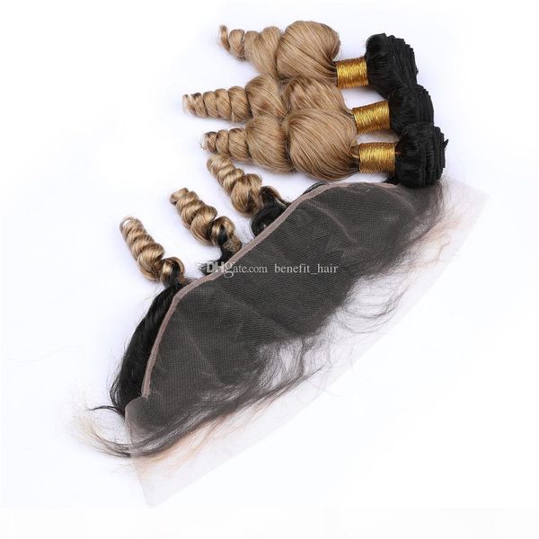 

honey blond frontal and bundles loose wavy 13" * 4 " dark root #1b #27 indian hair blonde ombre frontal and bundles, Black;brown