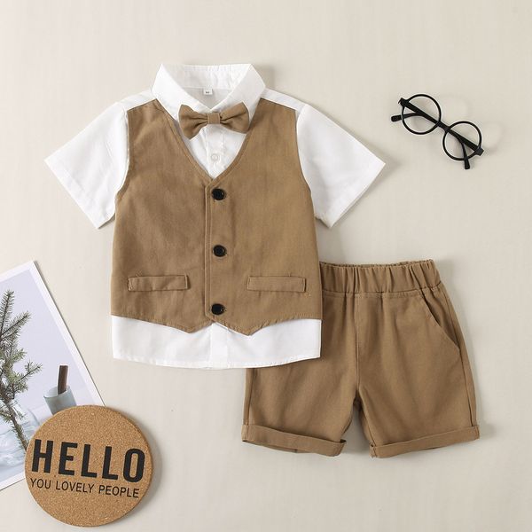 Conjunto de roupas infantis para recém-nascidos, manga curta, traje de aniversário para meninos, camisa falsa com dois laços e shorts