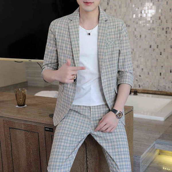 

luxury suits blaze 2021 summer men's youth trend thin middle sleeve nine point pants suit two-piece set, Black