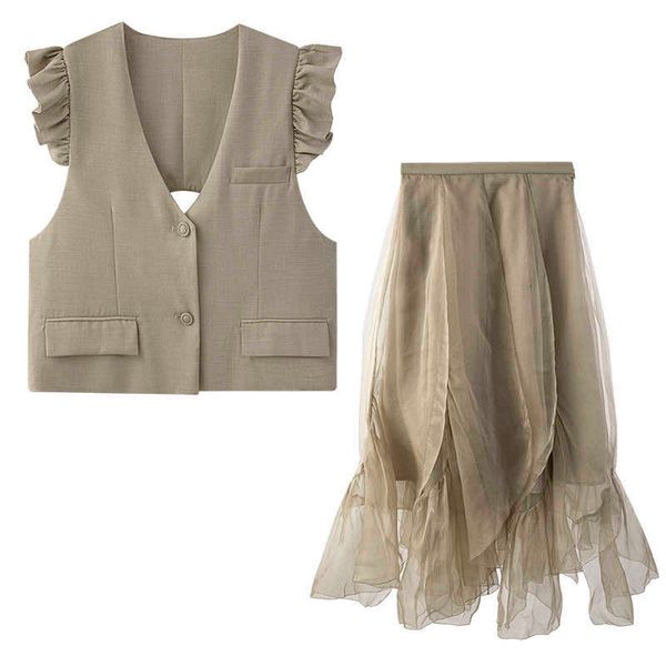 

getspring women sets fashion skirt suits ruffle single breasted vest coat irregular elastic waist gauze two piece 210601, White