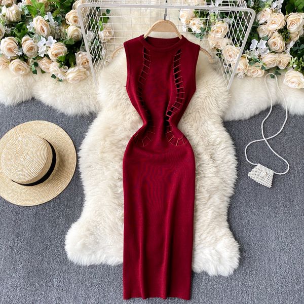 

y hollow knitted dress women sleeveless o neck elastic slim pencil dresses summer design bodycon sweater dress 2021, Black;gray