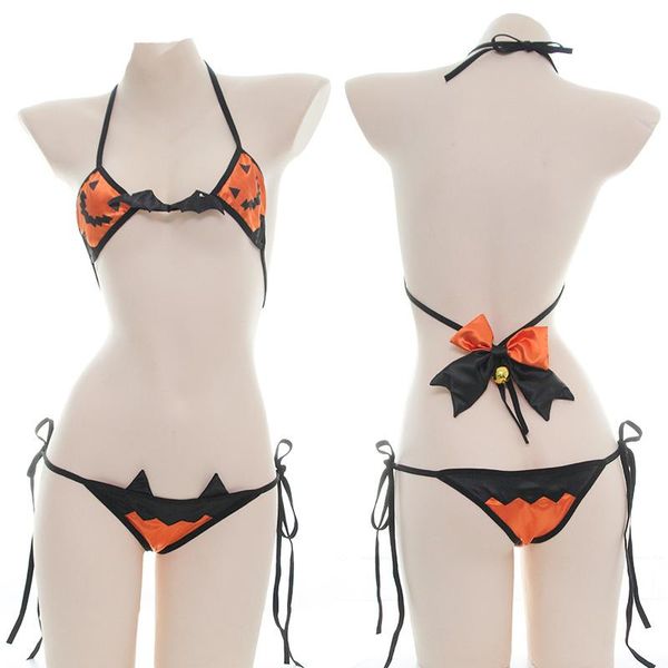 

bras sets halloween underwear bow set with bell sleepwear lolita cosplay bandage pumpkin devil pajamas women's lingerie, Red;black