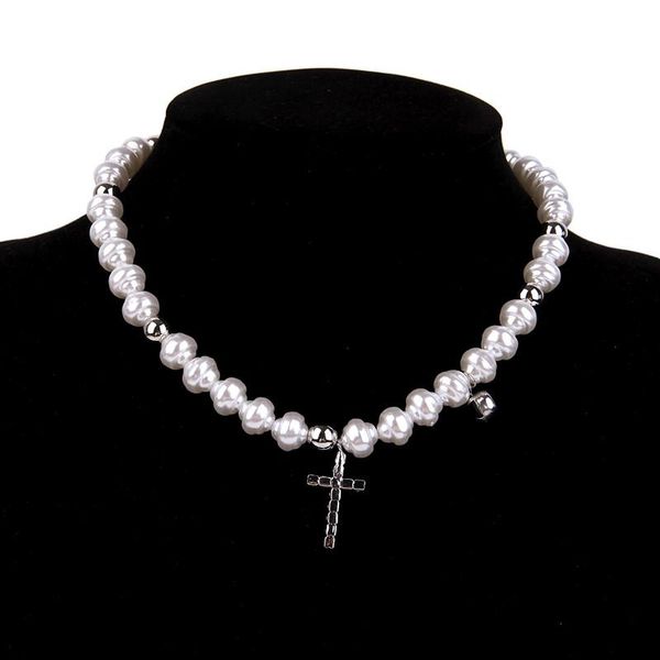 

chokers trendy bohemia necklaces irregular simmulated pearls crystal cross beaded chains for women girls jewelry gifts, Golden;silver