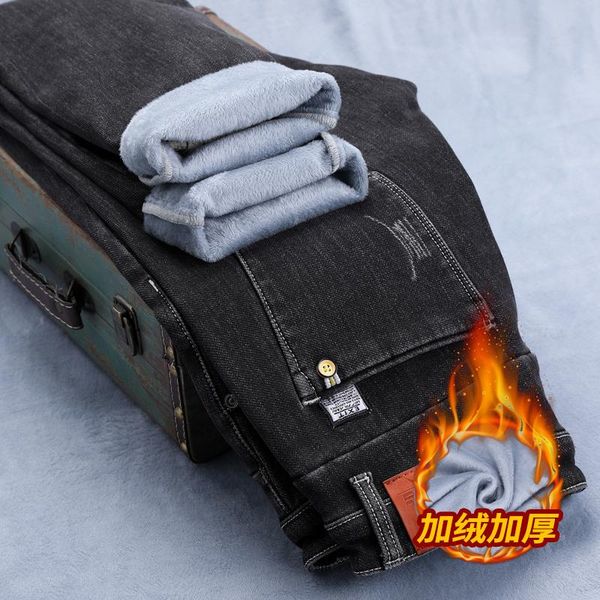 

men's jeans winter fleece thick warm slim stretch pencil classic fashion trend young fitted black, Blue