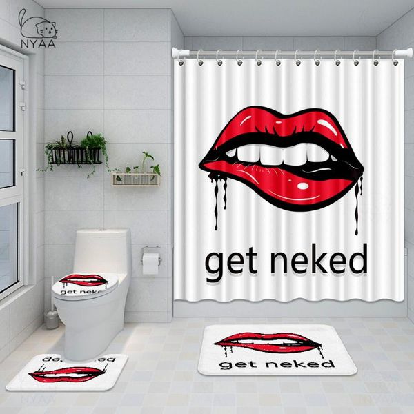 

marble pink get naked shower curtain 4 piece bathroom mat set soft rug toilet cover red lipstick bath pad durable fabric