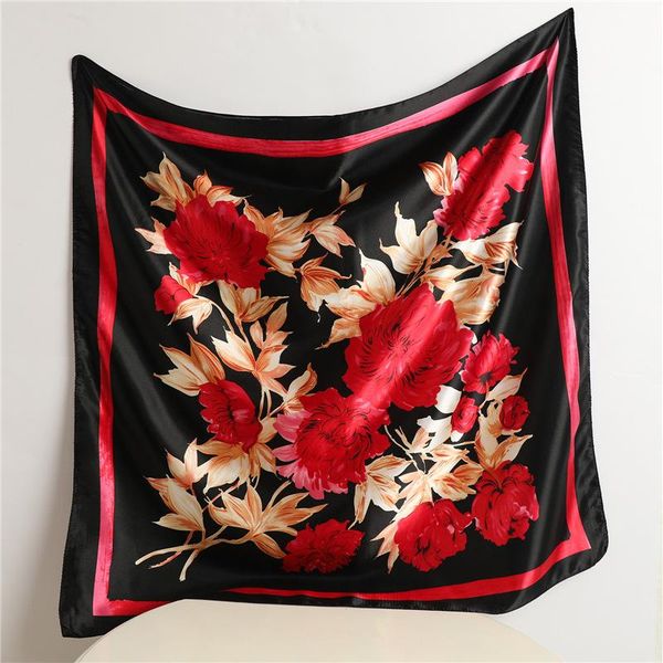 

scarves women's spring silk satin luxury floral print bandana imitation shawl ladies tourism sunscreen square scarf 90*90cm, Blue;gray