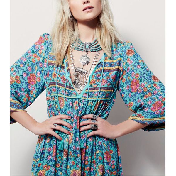 

spring summer women 2020 casual elegant a line print party female boho vintage v neck vacation long vestidos uwu0, Black