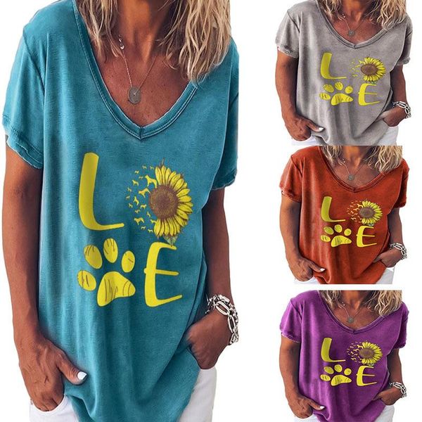 

women's t-shirt 2021 spring european and american valentine's day iove dog print v-neck loose short sleeve, White