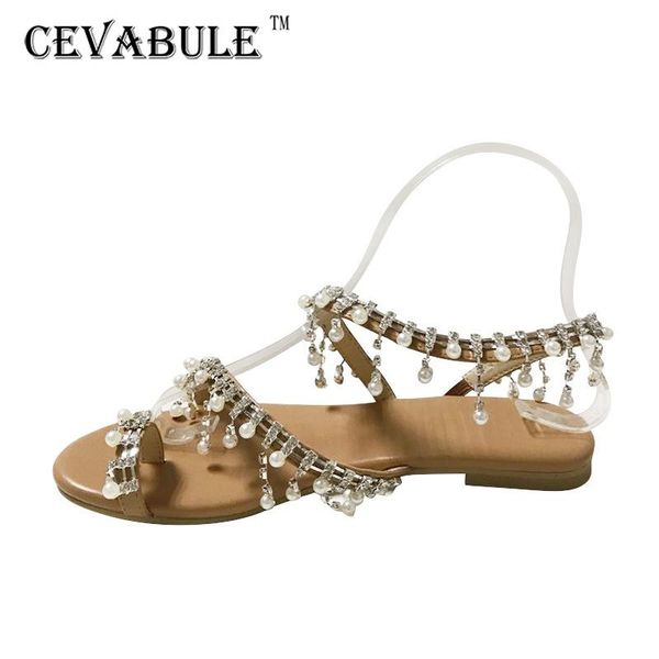 

dress shoes cevabule 2021 summer fashion large size roman pearl women's sandals handmade beaded daily leisure beach flat cgb, Black