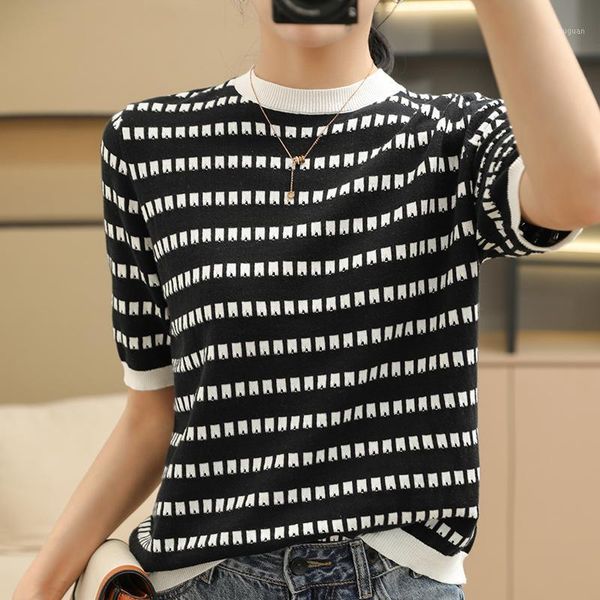 

women's t-shirt 100% cotton short-sleeved ladies one-neck knitted loose casual striped pullover vest summer women, White