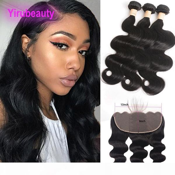 

brazilian virgin hair extensions 3 bundles with 13x6 lace frontal with ear to ear pre plucked body wave 4 pieces lot human hair wefts, Black;brown