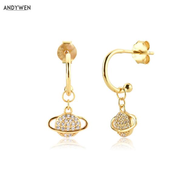 

andywen 925 sterling silver gold 8.5mm shiny planet earring loops circlr drop earring zircon cz charm luxury jewels 210608