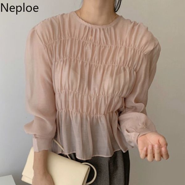 Neploe Koreanische Ins O Neck Puff Langarm Bluse Solide Plissee Design Perspektive Blusas Frühling Sommer 2021 Neue Hemd 21302