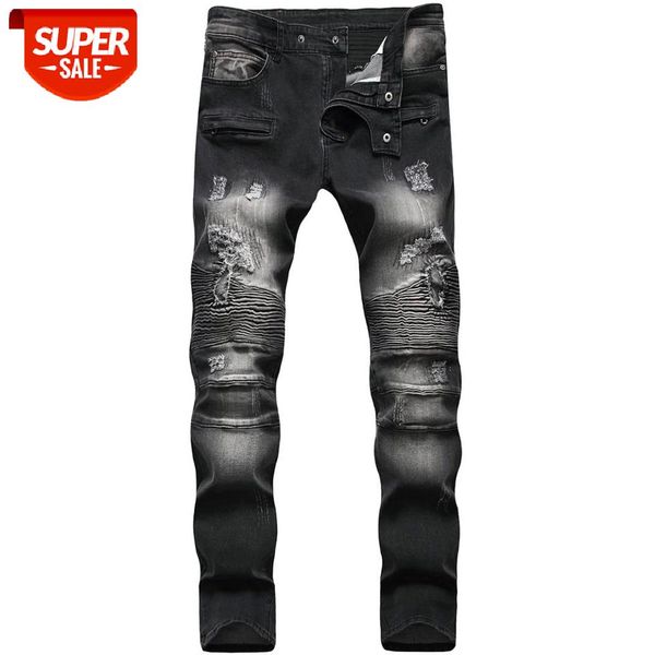 

denim designer for men's bike moto jeans stretch straight oversize 28-38 40 42 2021 spring sutumn winter hip hop punk streetwear #us4j, Black