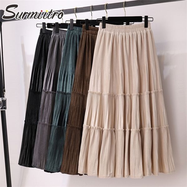 Surmiitro estilo coreano veludo midi saia mulheres outono inverno preto laciness verde cintura alta saia plissada fêmea 210310