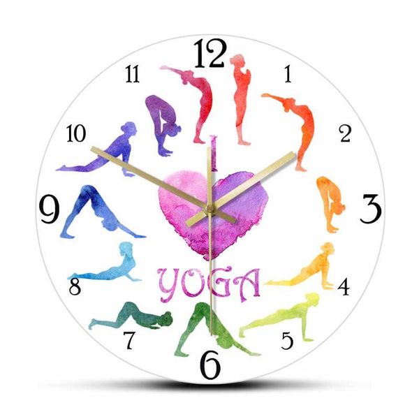 

wall clocks i love yoga watercolor yogi silhouettes girl room clock exercise sun salutation surya namaskara colorful printed