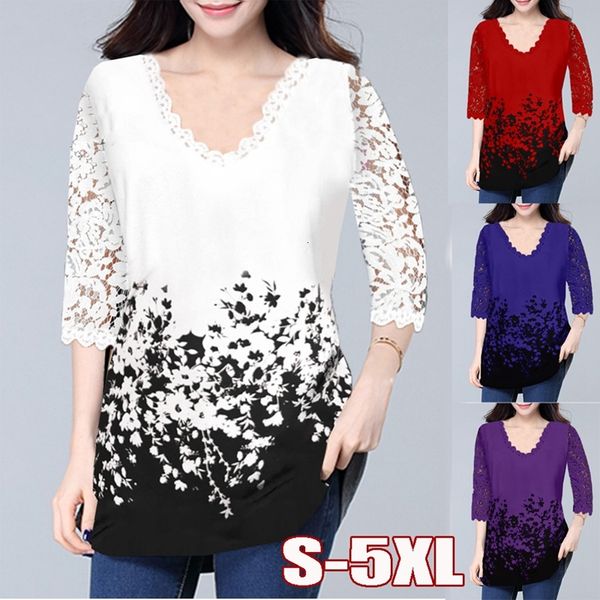 

2021 new plus size half sleeves women chiffon t lace hollow out print v neck shirt harajuku female shirts office lady b310, White