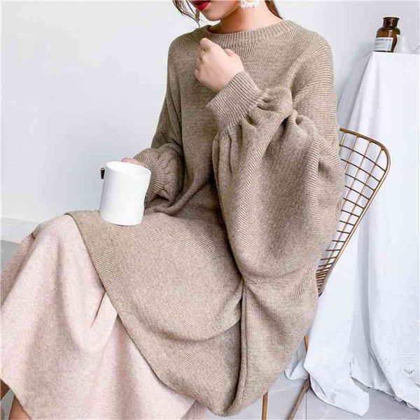 

mozuleva lantern sleeve loose solid color knitted pullovers autumn winter plus size clothes women o-neck casual sweaters 210706, White;black