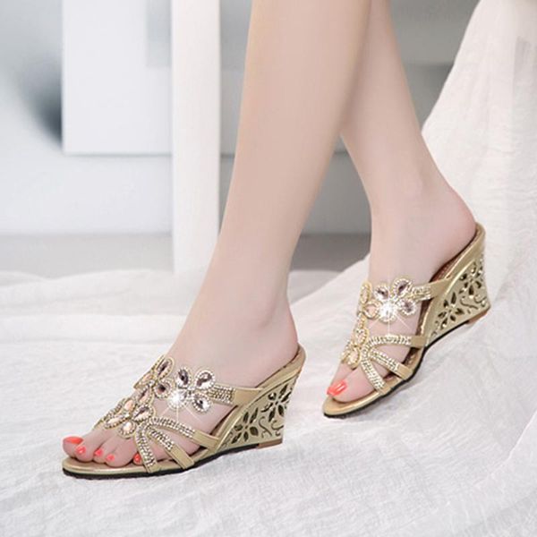 

2021 crystal women's slope heel hollow rhinestone high heel diamond-studded summer size 35-40, Black