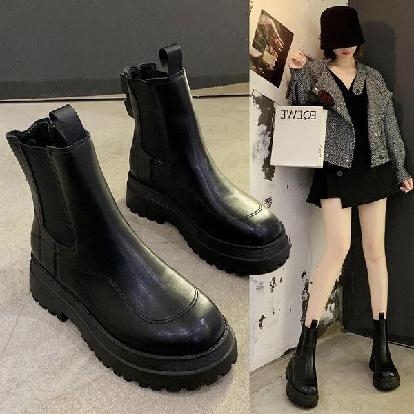 

boots boots, thick bottomed women's british style 2021 autumn and winter plush heightening thin, Black