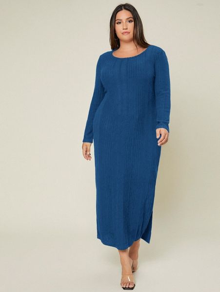 

plus scoop neck rib-knit slit hem dress 69oq#, Black