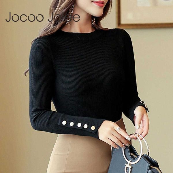 

jocoo jolee women korean style sweater long sleeve o neck button slim vintage knitting warm basic pullover office lady jumpers 210619, White;black