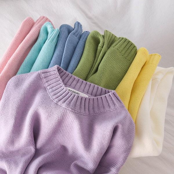 

women's sweaters japanese sweater 2021 autumn winter solid color loose lazy knit casual o neck pullover long sleeve jumper top, White;black