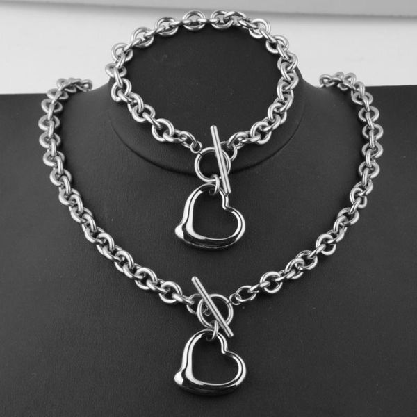 

earrings & necklace classic jewelry set gift for women silver color stainless steel round rolo chain hollow heart bracelet 8mm