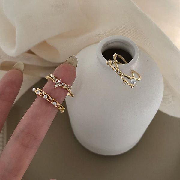 

cluster rings chic multiple shinning rhinestone open for women girls gold color metal hollow floral imitation pearl charm jewelry, Golden;silver