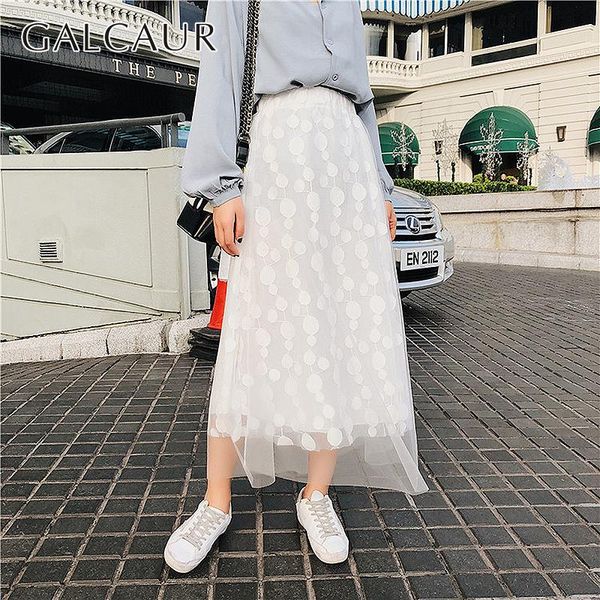 

skirts galcaur polka dot skirt for women high waist patchwork lace mesh ankle length female casual fashion 2021 clothes, Black