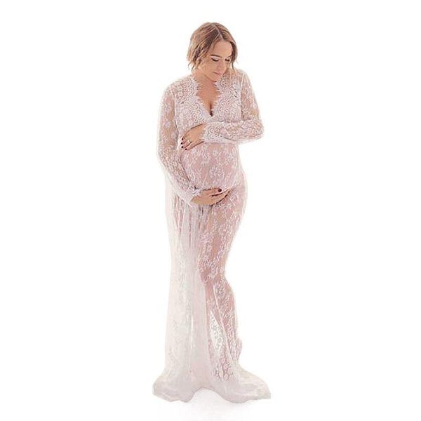 

maternity dresses v-neck lace pregnancy fancy shooting po pregnant clothes pography props maxi gown clothing, White