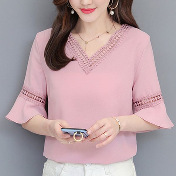 

summer chiffon blouse shirt women pink hollow out v-neck ladies causal blusas feminina half sleeve womens blouses whitexxl xxxl, White