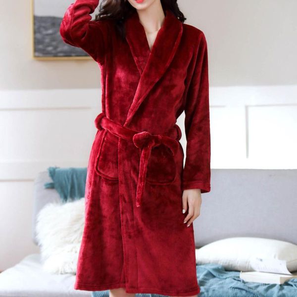 

women's sleepwear fashion robes for women plus size pajamas solid color bandage pocket comfortable flannel robe nightgown, Black;red