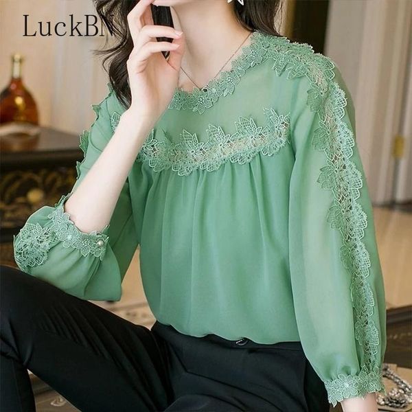 

women's blouses & shirts green blouse clothing spring summer style chiffon shirt o-neck solid long sleeve lace casual 2021, White