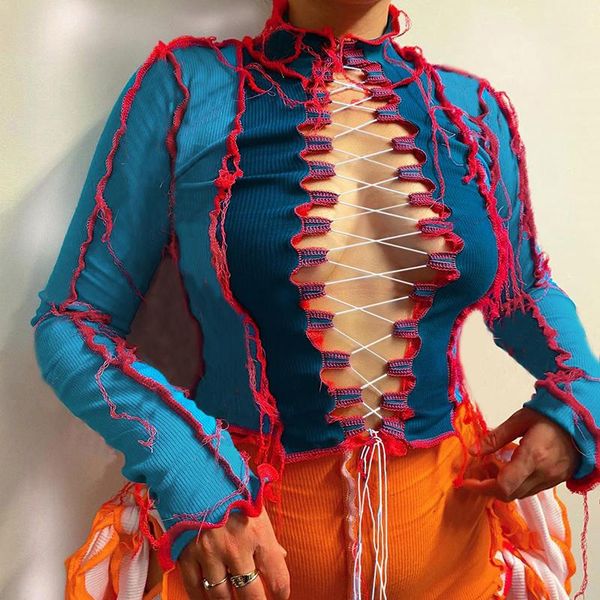 

women's blouses & shirts hirigin 2021 fashion women lace up hollow out crop high neck long sleeve stitching color block sexy, White