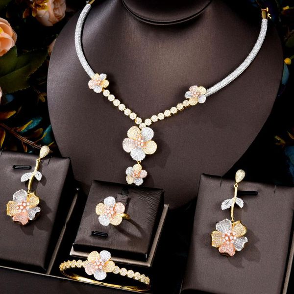 

earrings & necklace godki luxury 4pcs tricolor flowers african jewelry sets for women wedding cubic zirconia dubai bridal costum, Silver