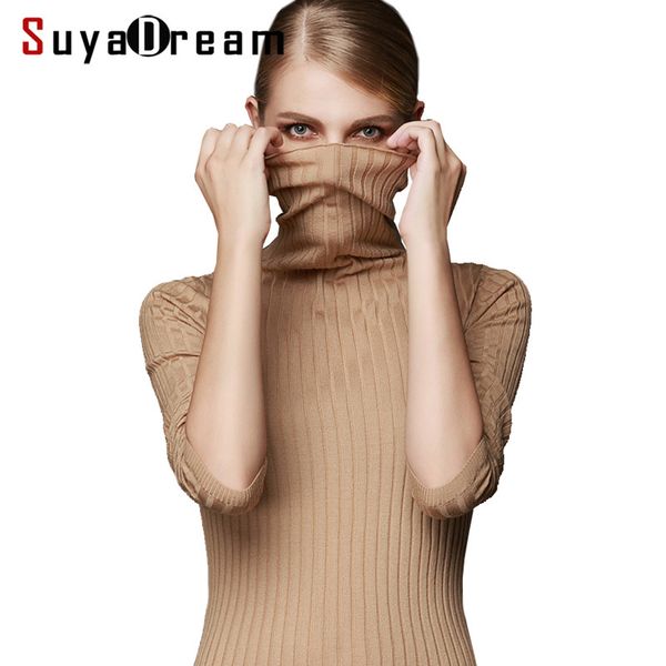 

suyadream women wool turtleneck pullover 100%wool rib knits solid sweaters white black khaki bottoming pull femme 210218