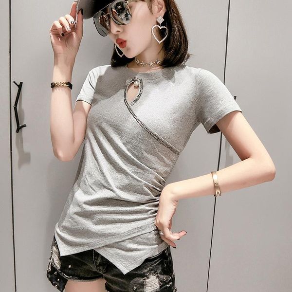 

women's t-shirt 2021 summer fashion irregular iron drill short sleeve design, White