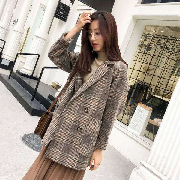 

women's wool & blends wool coat autumn and korean style loose short small chess jacket w6sf, Black