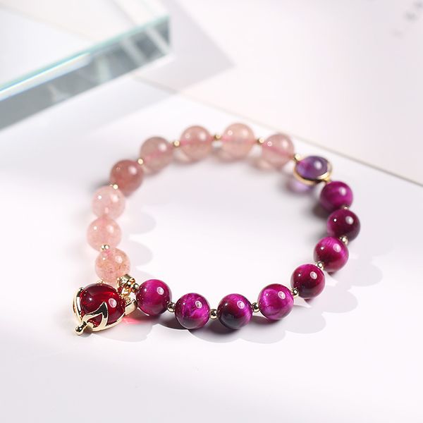 Gemstone Beads Castanhas Braceletes 8mm Cristal Natural Rosa Vermelha Tigre Pedra Olho Ametista Fox Pingente Charme Bracelet para Mulheres Presente