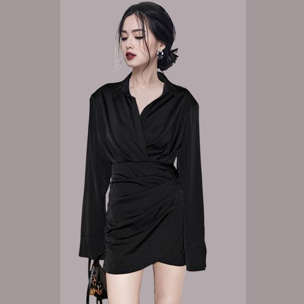 

casual dresses black spring party dress women korean elegant office lady mini high waist bodycorn pleated long sleeve white c889, Black;gray