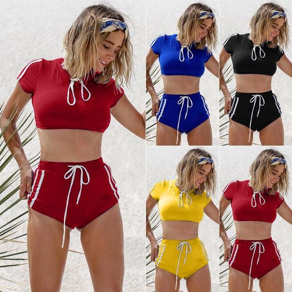 

one-piece suits 2pcs fashion sports women ladies summer beach swimwear stripe sport bra bikini swimsuit bathing suit biquini wear