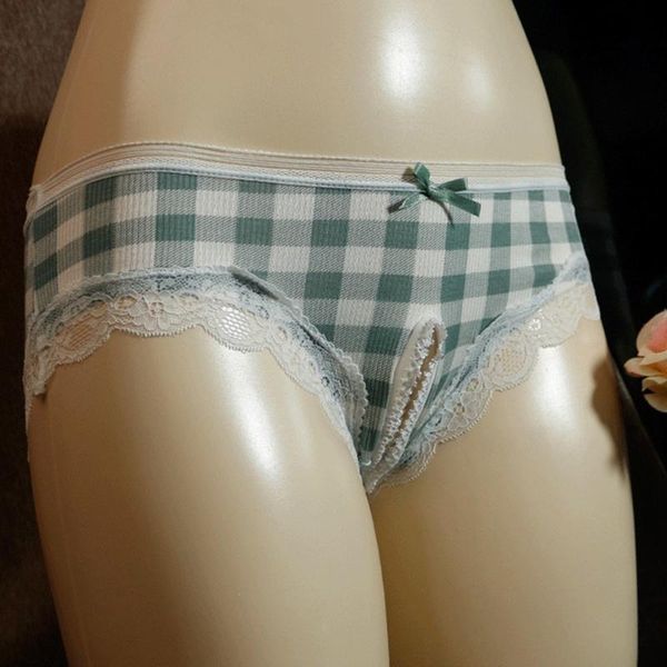 

underpants plaid low waist open file briefs men women crotchless to-take off underwear lattice lace trim erotic lingerie panties, Black;white