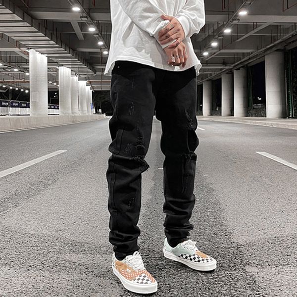 

2021 new high street knee hole washed jeans men and women solid harajuku loose casual pencil pants hip hop baggy denim trousers mcfs, Blue