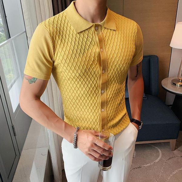 

men's polos mesh grid knitted shirt 2021 summer fashion men lapel slim fit cardigan tee short sleeve casual homme, White;black