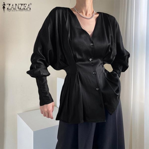

women's blouses & shirts women satin zanzea 2021 elegant spring long sleeve pleated blusas female casual solid v neck tunic plus size t, White