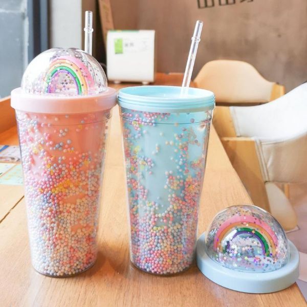

mugs girl heart student high-value ins water cup rainbow bubble straw summer cold drink juice portable plastic with lid