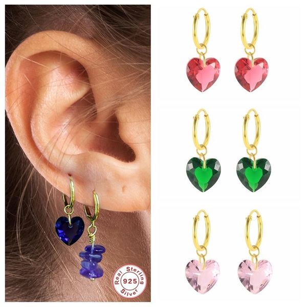 

hoop & huggie canner earrings 925 sterling silver natural stones love heart pendant earring for women girls aretes pendientes jewerly, Golden;silver